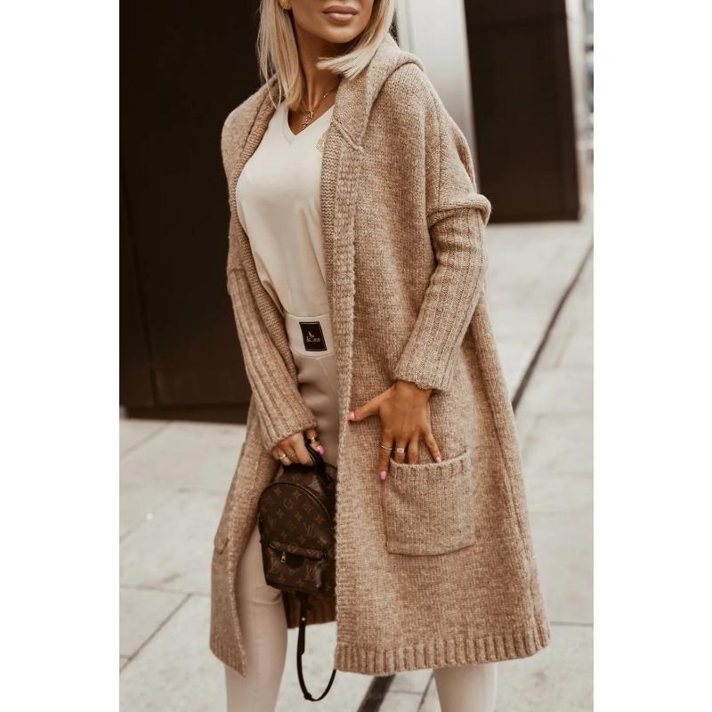 Letter Hooded Cardigan Knit Sweater Women Autumn Winter Loose Long Sleeve Coat Long Knitted Jacket Pocket Overcoat Office Lady