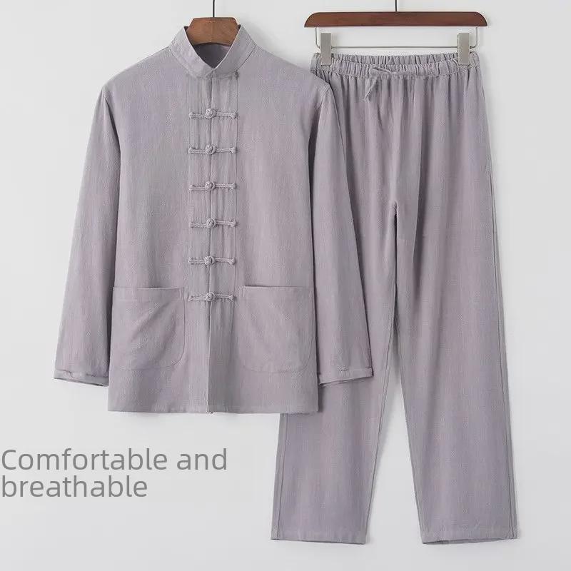 Men's Cotton Linen Tang Suit - Long Sleeve Chinese Style Retro Buttoned Tai Chi Outfit for Middle-Aged & Elderly