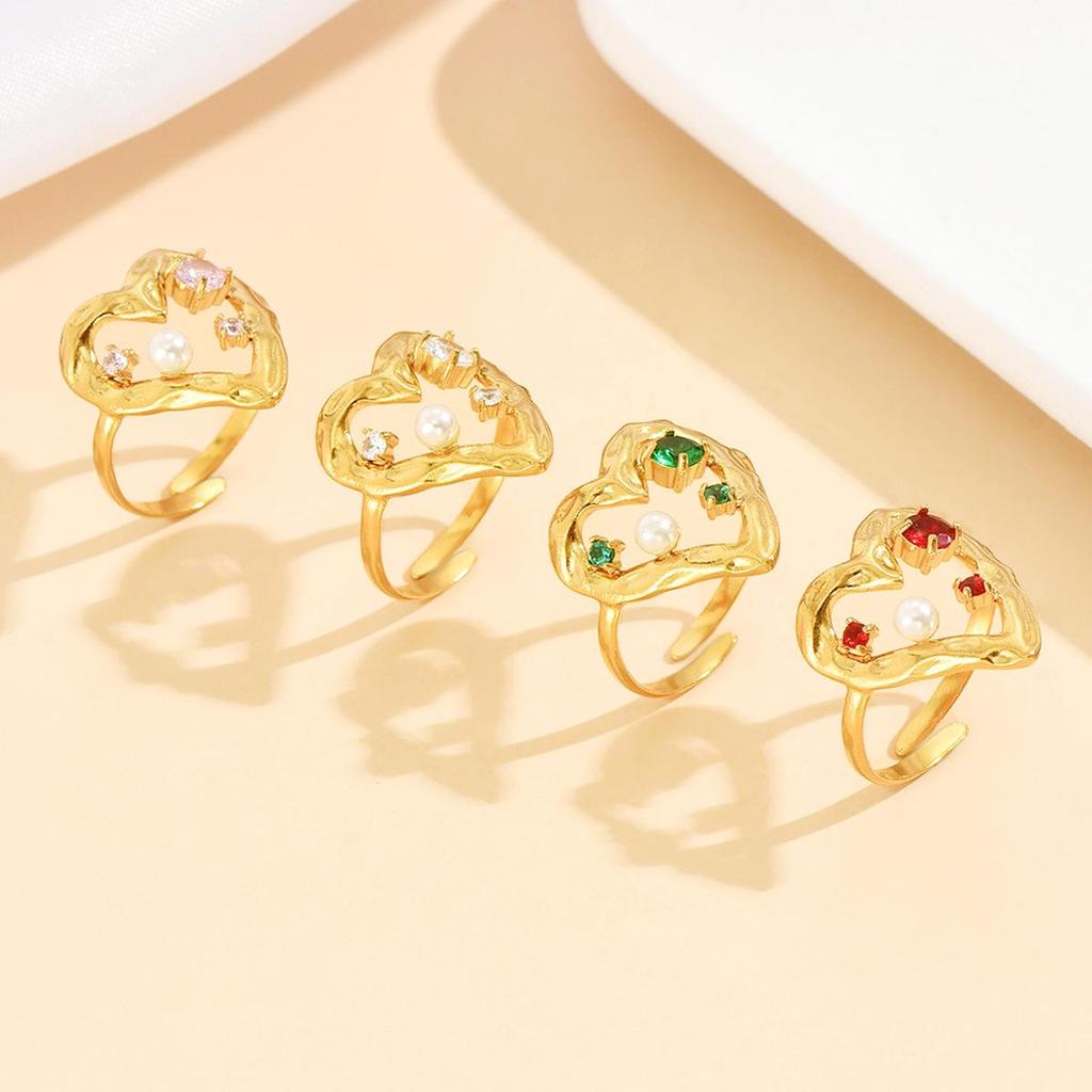 Fairy Sweet Heart Hollow Stainless Steel Adjustable Ring with Colorful Zircon