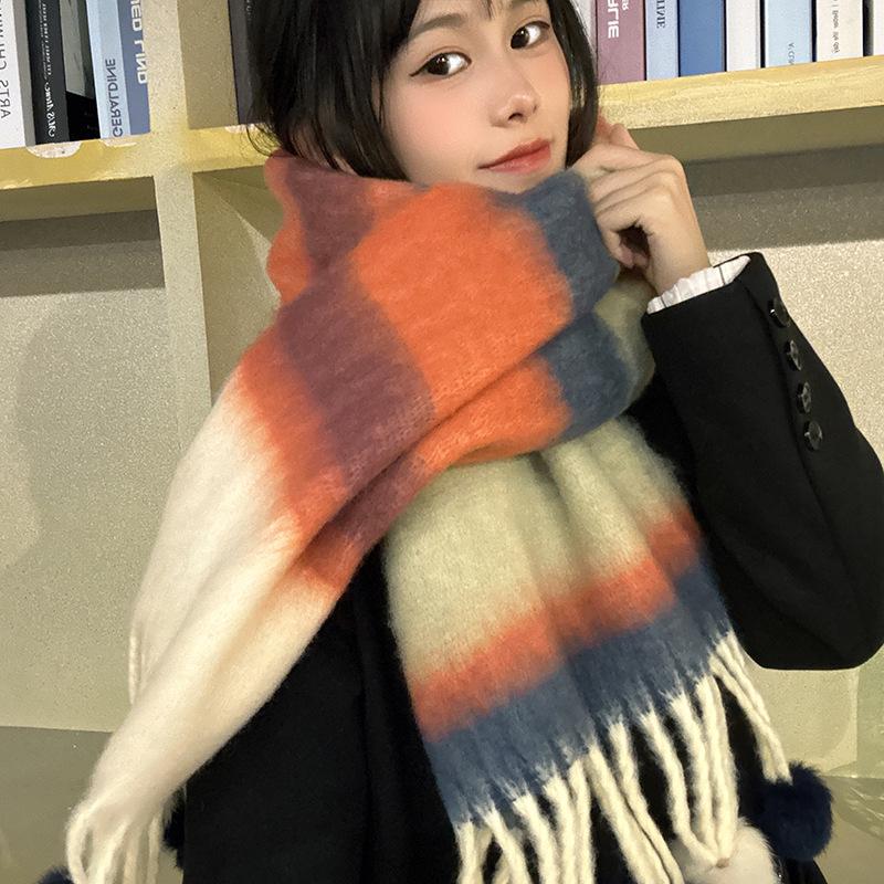 Luochi Handmade Rainbow Tassel Scarf - Color Block Design, Warm and Stylish for Women in Autumn and Winter