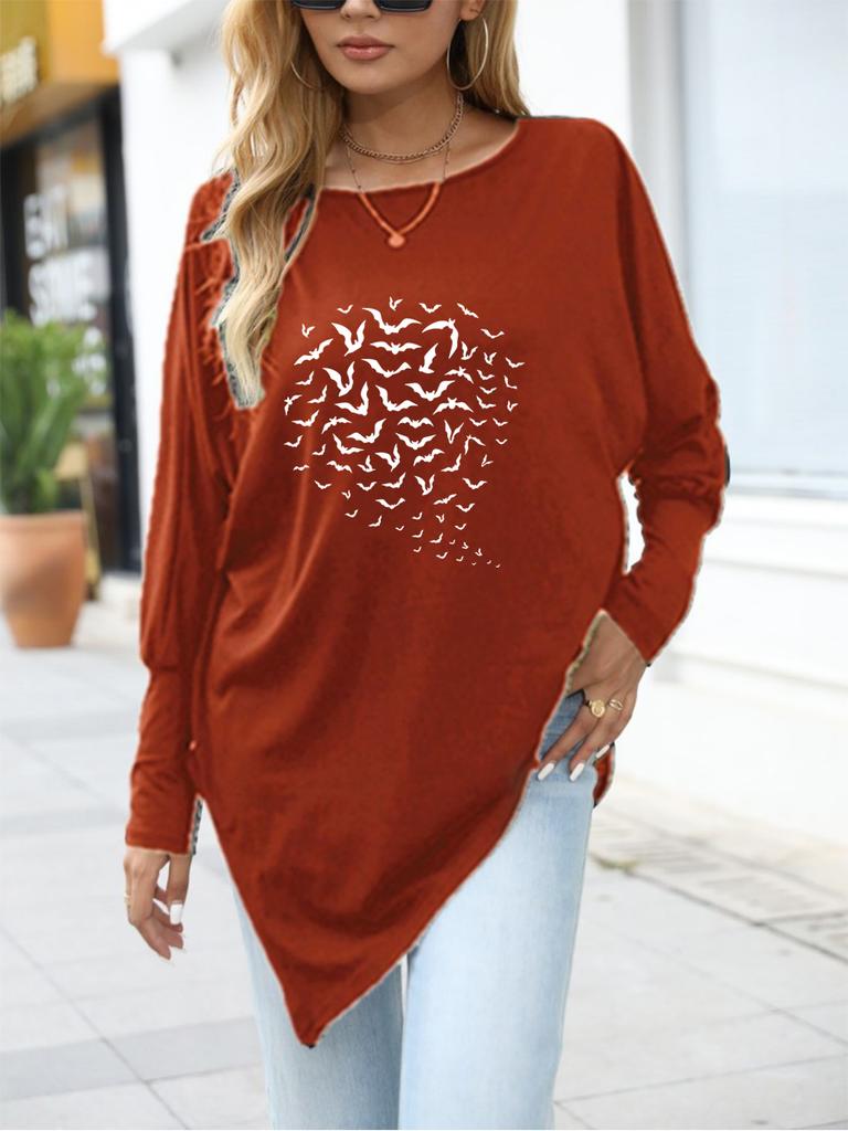 Damenmode Bedrucktes Langarm-Top Damen Übergröße Langarm Frühling/Herbst Asymmetrischer Saum T-Shirt