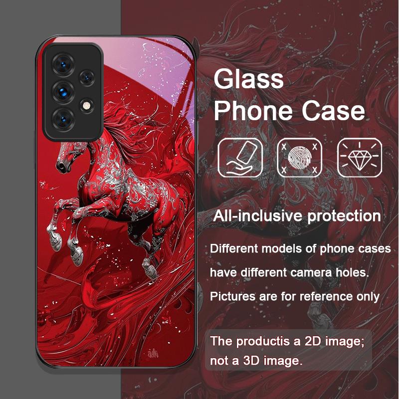 Stylish Chinese-Style Red Horse Print Tempered Glass Phone Case for Samsung Galaxy A56 A17 A55 A54 A53 A52 A36 A14 A31 A51 Cover
