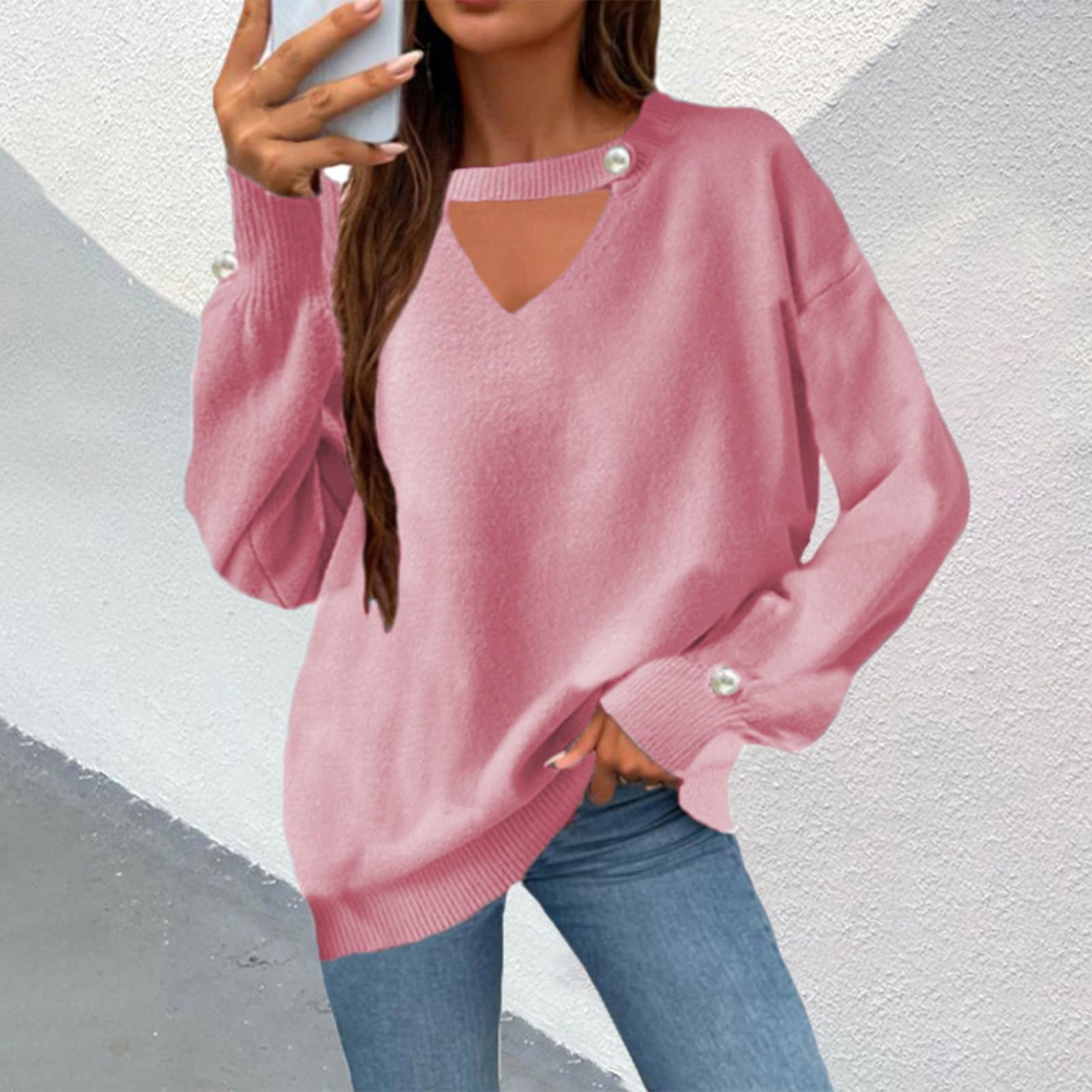 

Женский свитер-пуловер с V-образным вырезом и жемчужным узором на осень и зиму S розовый