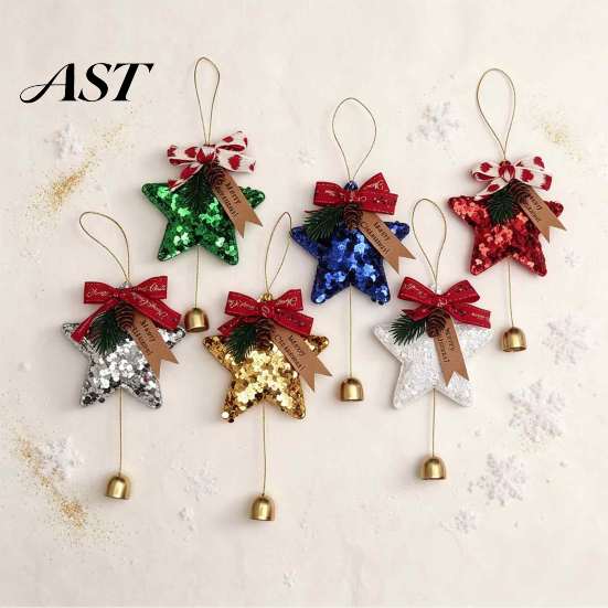 Durable Polyester Ornaments Glitter Star Bell Ornaments, Sequin Hanging Decoration with Bow Pine Xmas Tree Accessories Cone, Sparkly Christmas Pendant