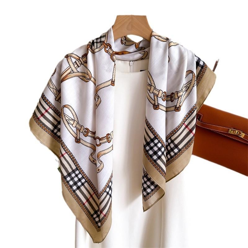 Sweet And Fresh Chain Fashionable 90Cm Imitation Silk Large Square Scarf Retro Printed Shawl Herringbone Scarf Headscarf Women