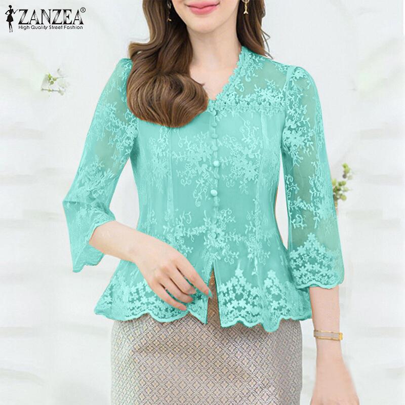 

ZANZEA Women Casual V-Neck 3/4 Sleeve Hollow Patchwork Lace Blouse 4XL зелений