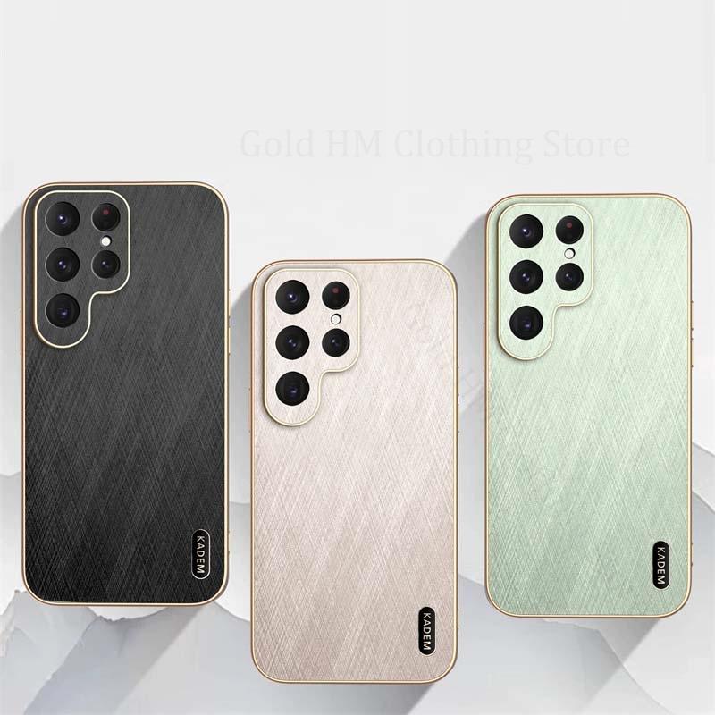 For Samsung S25 Ultra 5G Gold Silk Texture Leather Phone Case For Galaxy S24 FE S23 Ultra S22 Plus 6D Plating Bumper Back Cover
