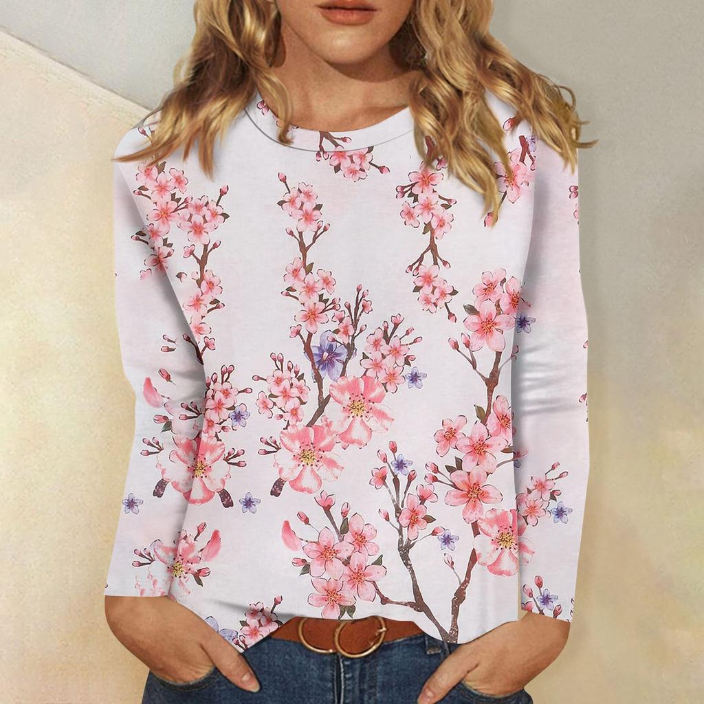 Women's Basic Long-sleeved T-shirt, Round Neck, Leaf Print, Plain Top, Everyday Pullover, Party Gift, Versatile T-shirt