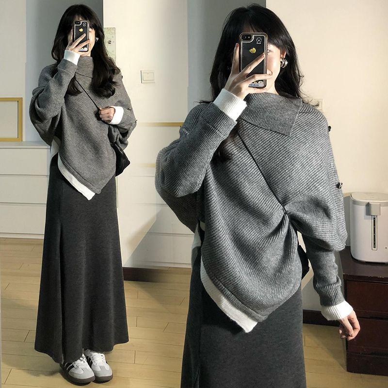 Women's High-End Irregular Knit Sweater Dress Set - Autumn/Winter Collection
