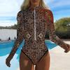 Women Long Sleeve One Piece Swimsuit Zip Front  Geometric Color Collision  Print Rash Guard Surfing Bathing Suit