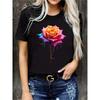 European Size Elegant White Short Sleeve T-Shirt - Vibrant Rose Graphic Print, Round Neck Casual Top, Everyday Outfit,Trendy Fashion, Durable Clothing