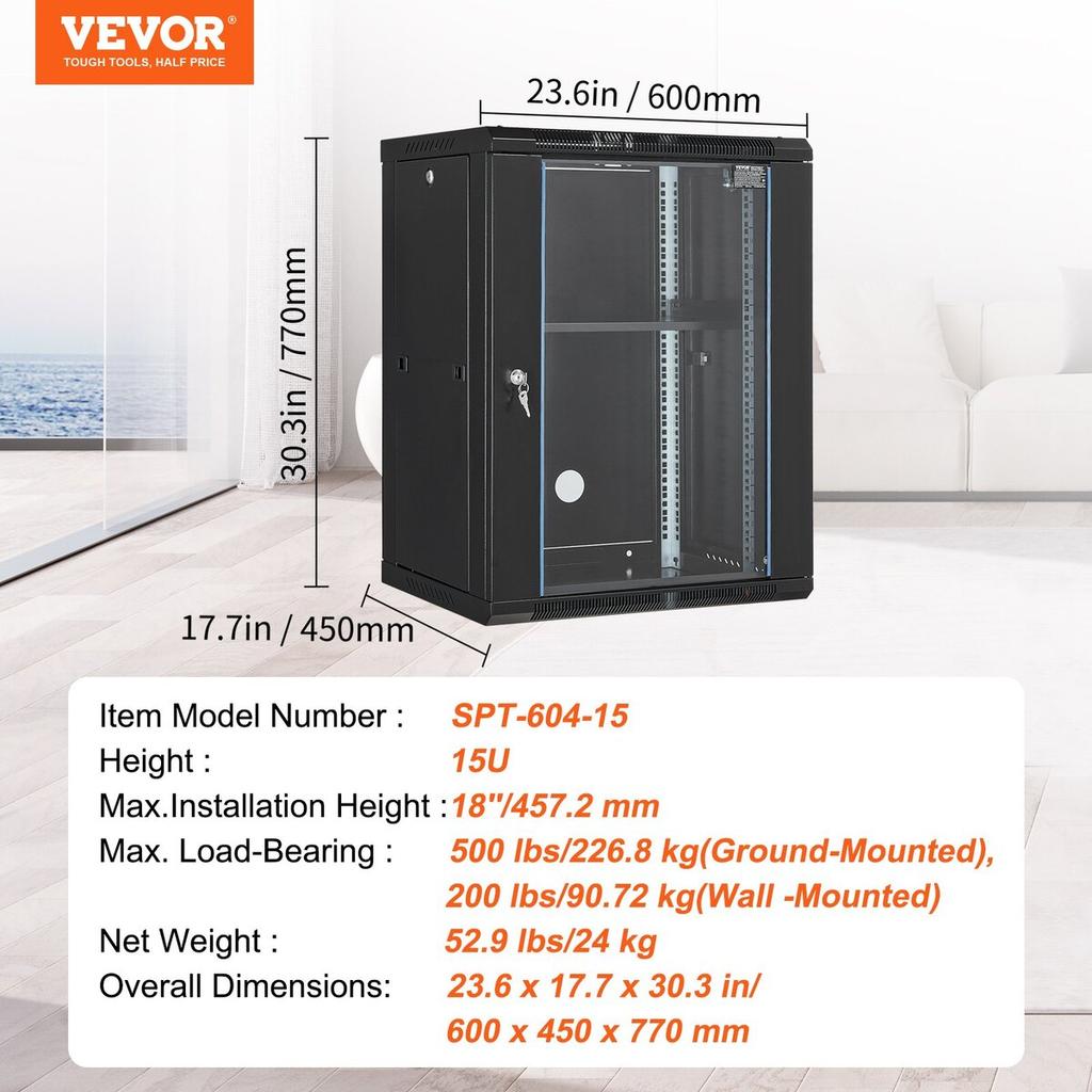 15U Wall Mount Network Server Rack Cabinet Enclosure 18'' Glass Door Lock