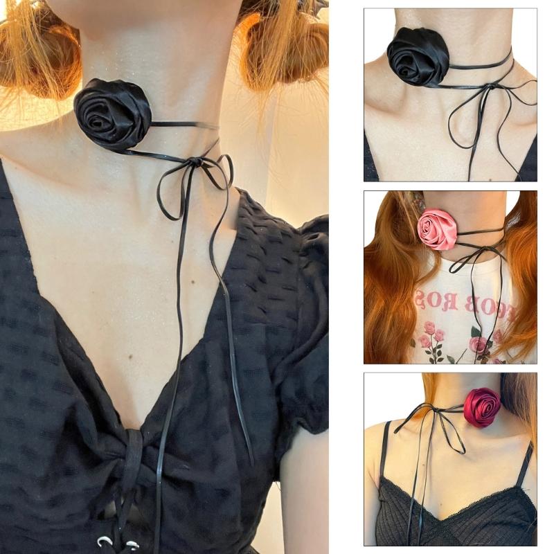 Satin Choker Necklace Fashion Rose Flower Choker for Womens Accessory Punk Gothic Soft Black Girl Neck Jewelry Gift