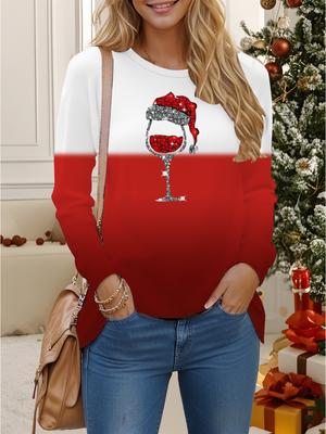 Tops for Women  3D  Christmas Print  Round Neck Long Sleeve T-shirt Fall Casual Slim Pullover Women's Long Sleeve Top