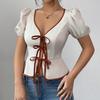 Neue Sommer-Mode Einfarbig Ausgeschnittenes Hemd Damen Sexy V-Ausschnitt Puffärmel Schnür-Tops Schicke Damen Casual Taillenbluse Streetwear