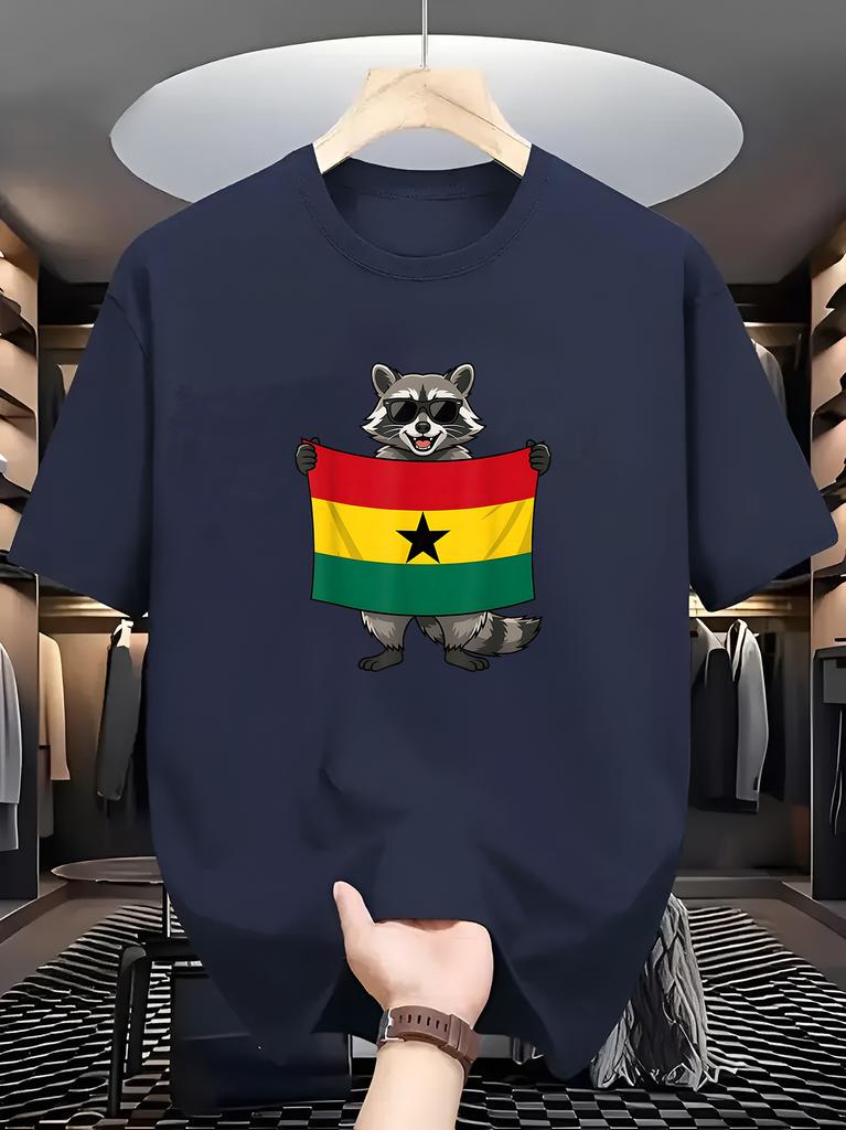 Unisex White Crew Neck Tee Cool Raccoon With Sunglasses Hold Ghana National Flag Cartoon Patriotic Animal Soft Cotton Male Tops