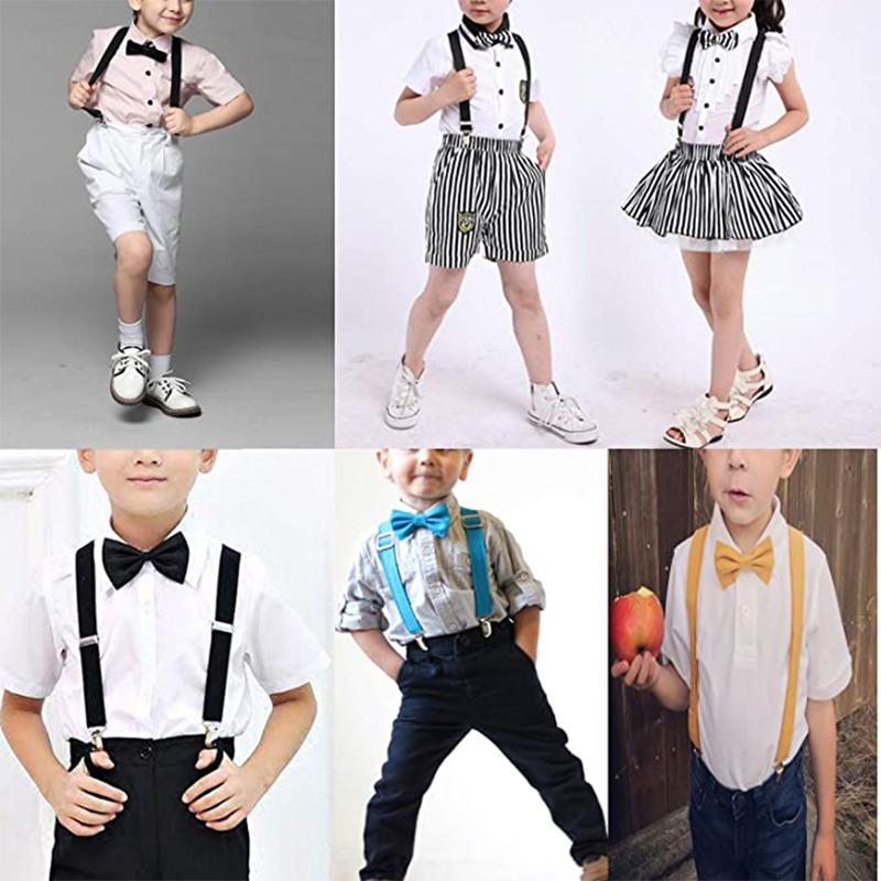 Kids Braces Bow Tie Set, 2.5cm Elastic Adjustable 60cm Y-Back Clip-on Suspenders, Formal Classic Pre-Tied Bowties for 1-9 Years Olds Boys Girls