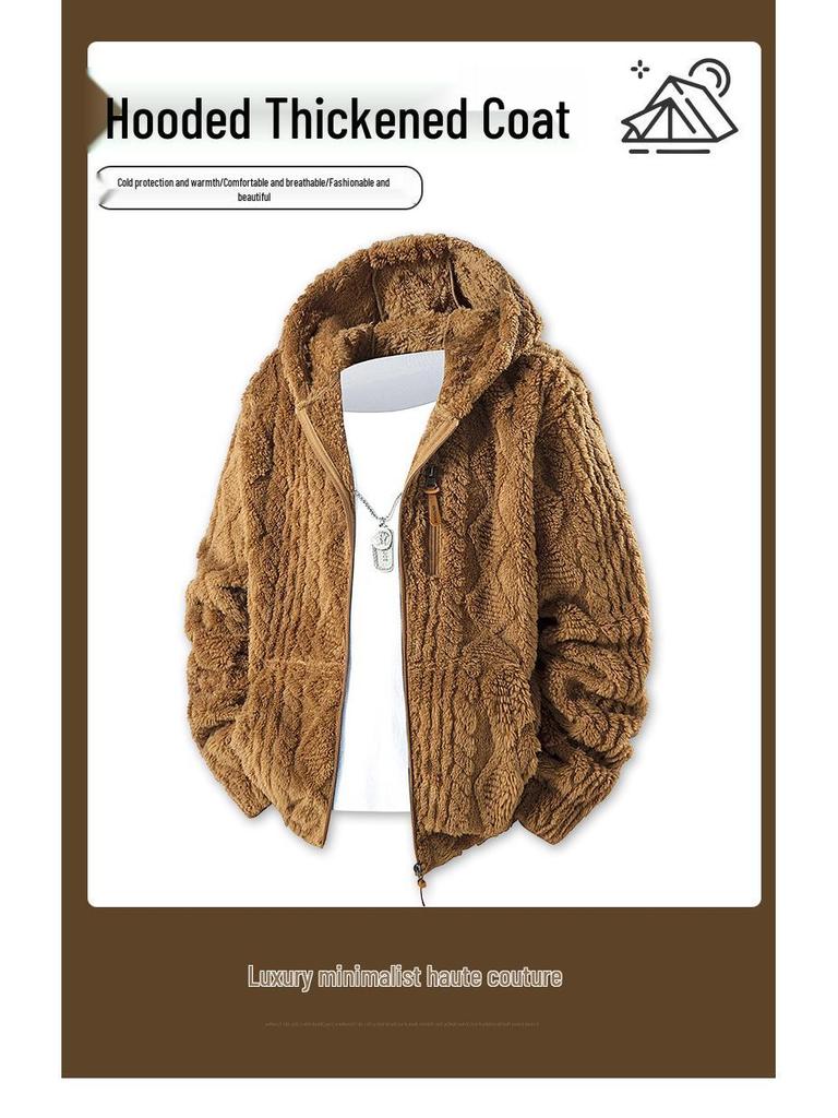 Men's European Size Hooded Fleece Zipper Jacket - Trendy Autumn/Winter Imitation Lamb Wool Coat