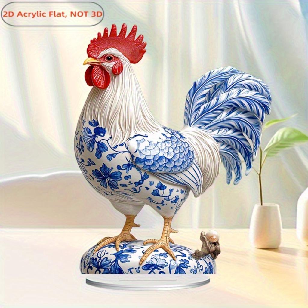 Boho Modrobílý Květinový Akrylový Kohout, 2D Efekt Vitráže pro Domácí Kancelář Zahradu, Ideální Dárek na Vánoce Velikonoce Díkůvzdání Halloween