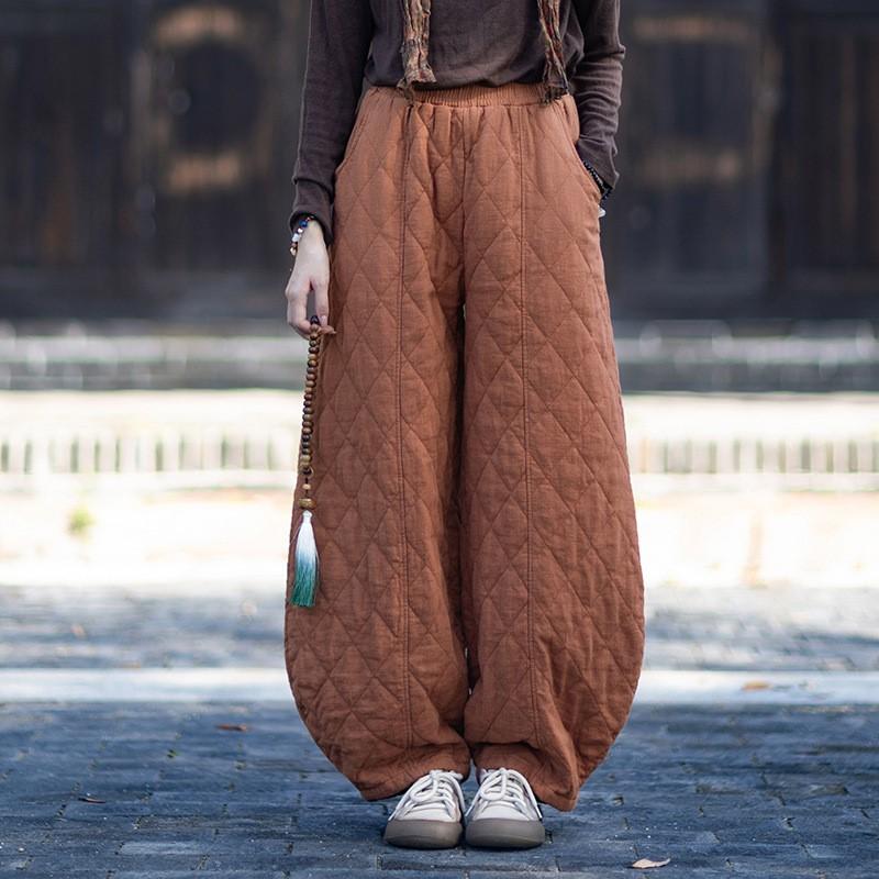 Johnature Women Vintage Bloomers Pants Winter Elastic Waist Solid Color Trousers Warm Loose Pants