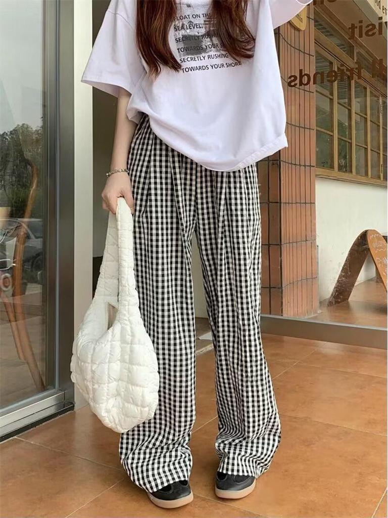 Plaid Colorblock High-Waist Straight-Leg Summer Pants - Women's Trendy and Versatile Floor-Length Design