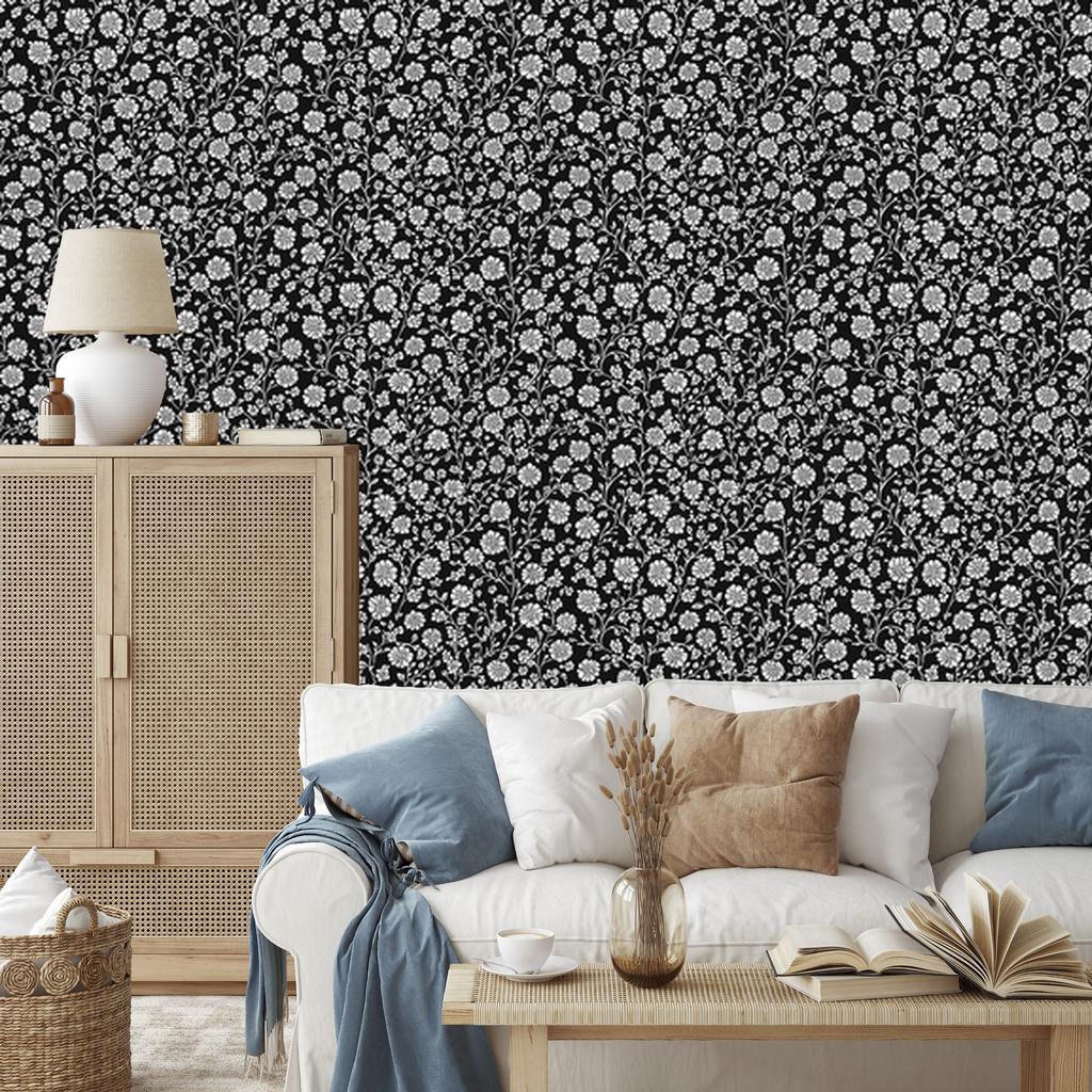 Wallpaper Black and White Flowers Graphite, Graphite Background 50x1000