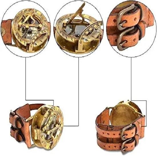 Brass Sundial Compass Wristband Steampunk Roman Design, Leather Strap