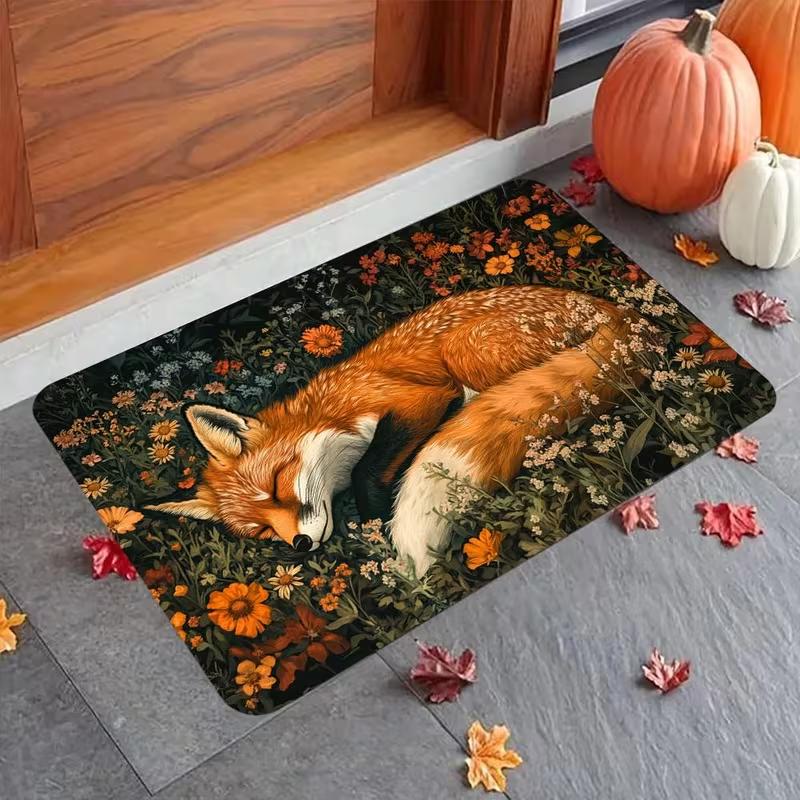 1pc Elegant Fox Door Mat Non-Slip, Polyester Rug with Vibrant Red and White Fox Design,for Entrance, Bathroom Floor Decor Mat 40x60cm
