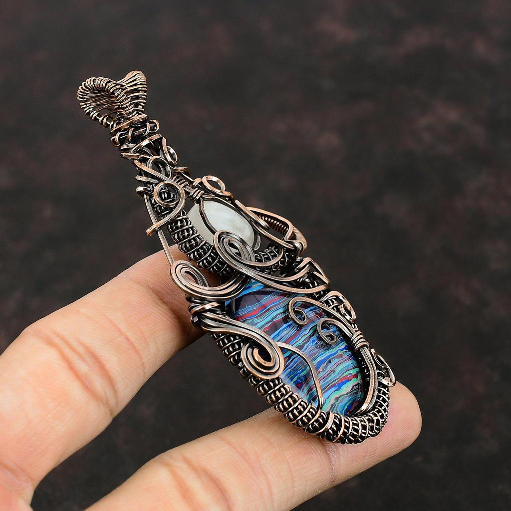 Rainbow Calsilica Pendant Copper Wire Wrapped Pendant Handmade Unique Jewelry Moonstone Gemstone Pendant Copper Wire Jewelry Engagement Gift