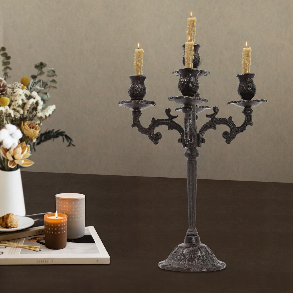 Height 17in Vintage 5-Arm Candle Holder – Rustic Brown Iron Candelabra for Tabletop Decor – Antique-Style 5-Light Candle Stand