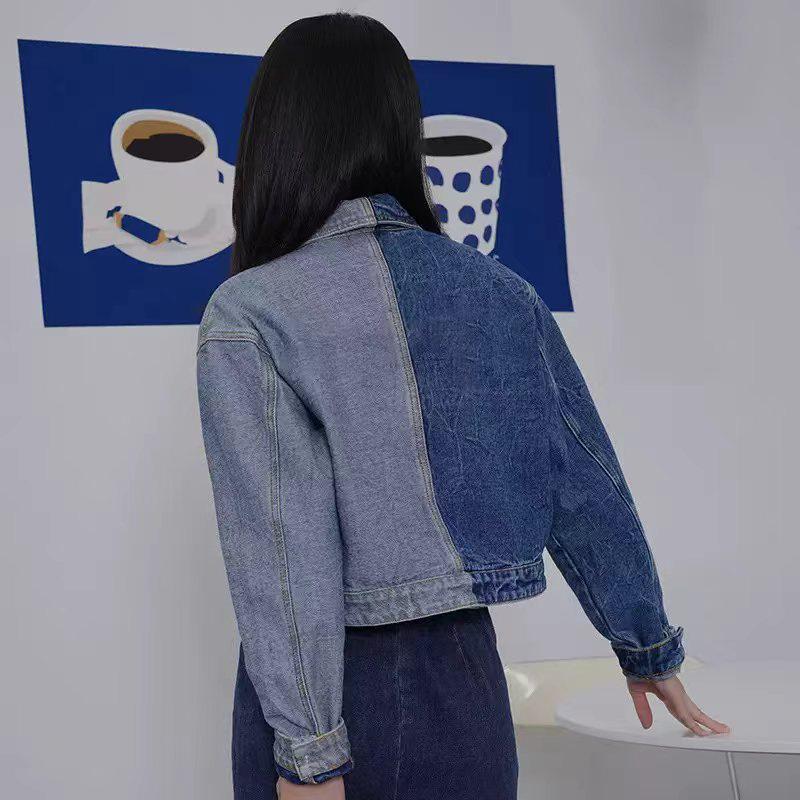 Women's Color Block Long Sleeve Denim Jacket with Inverted Pockets