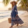 Women's Bohemian Vintage Purple Print Maxi Dress with Mandarin Collar and Long Sleeves, Loose Fit with Cinched Waist for Vacation