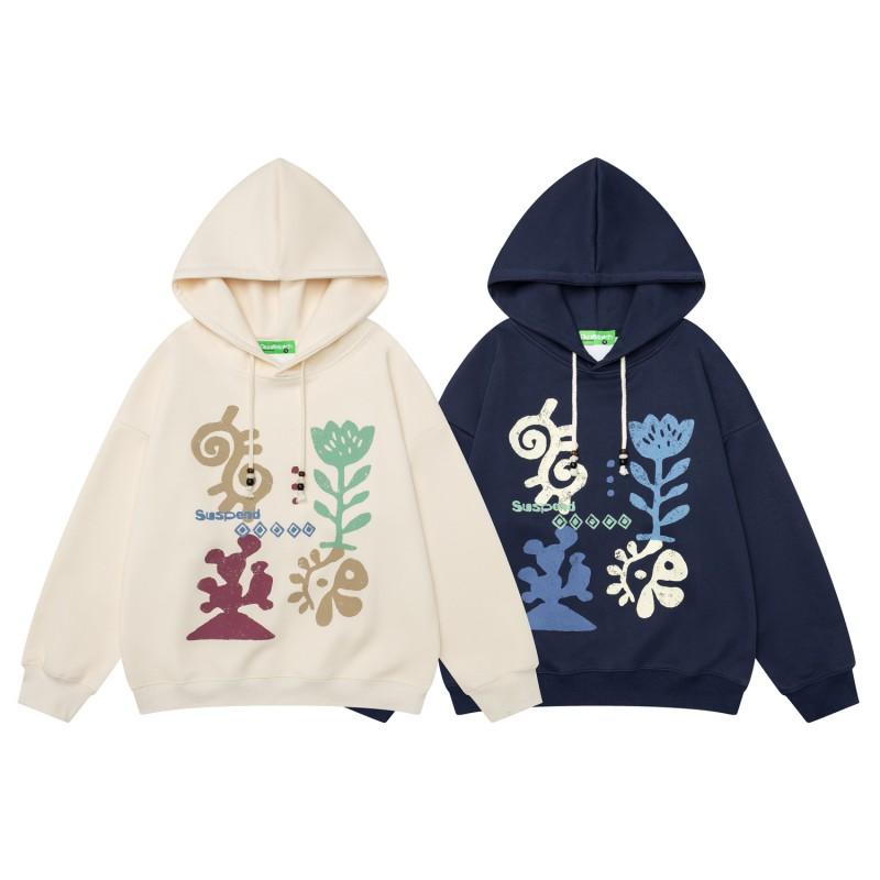 American Vintage Abstract Floral Print Beaded Drawstring Hoodie Loose Fit Casual Top Men Women