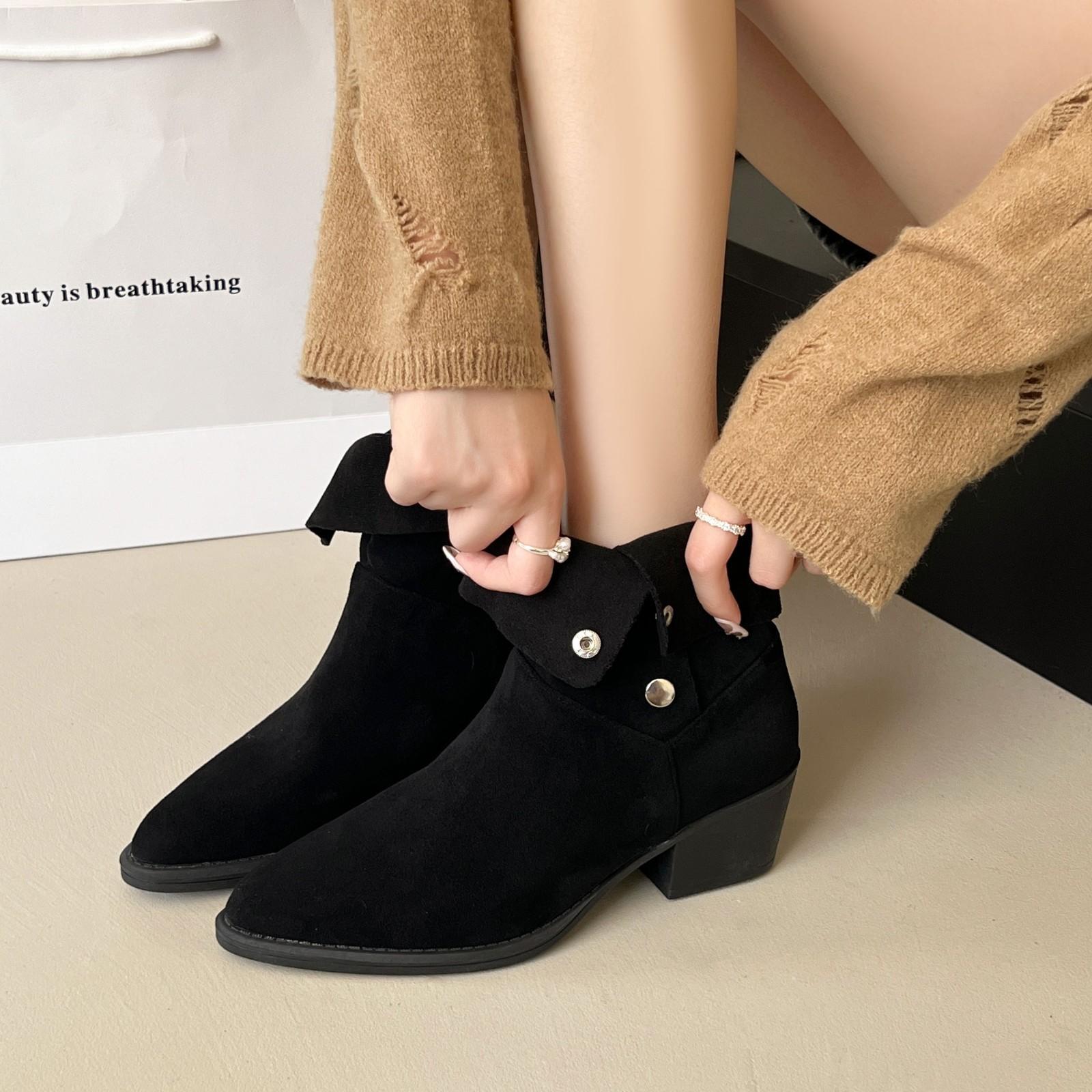 

Fashion New fashionable and trendy short boots, large-sized button-down two-in-one riding boots, women s mid-calf, retro style 35 чёрный