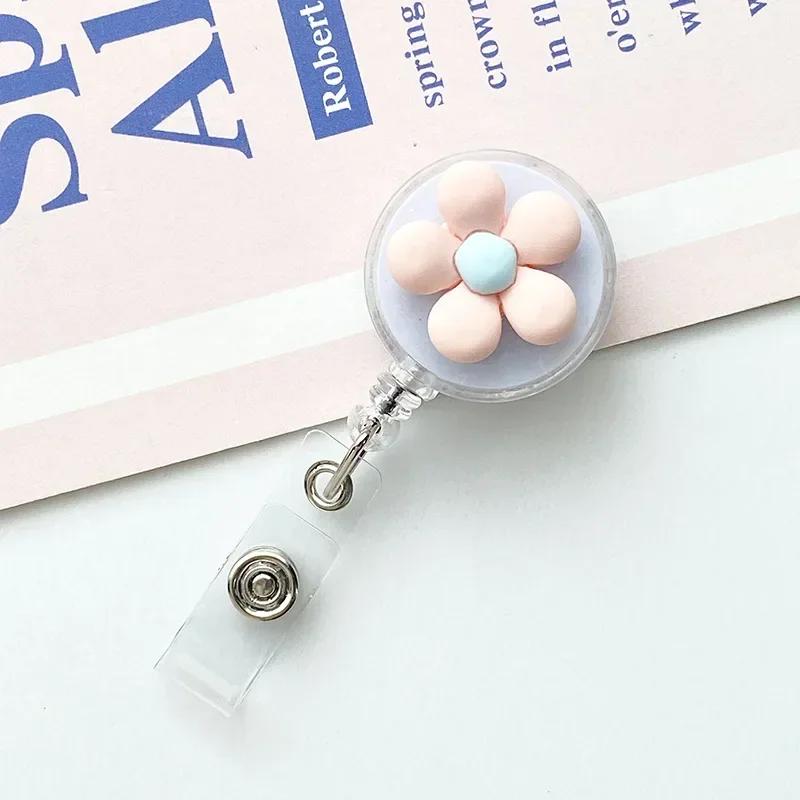 Women Cute Flower Retractable Badge Reel ID Lanyard Name Tag White Collar Badge Holder Reels Keychain Card Holder Accessories