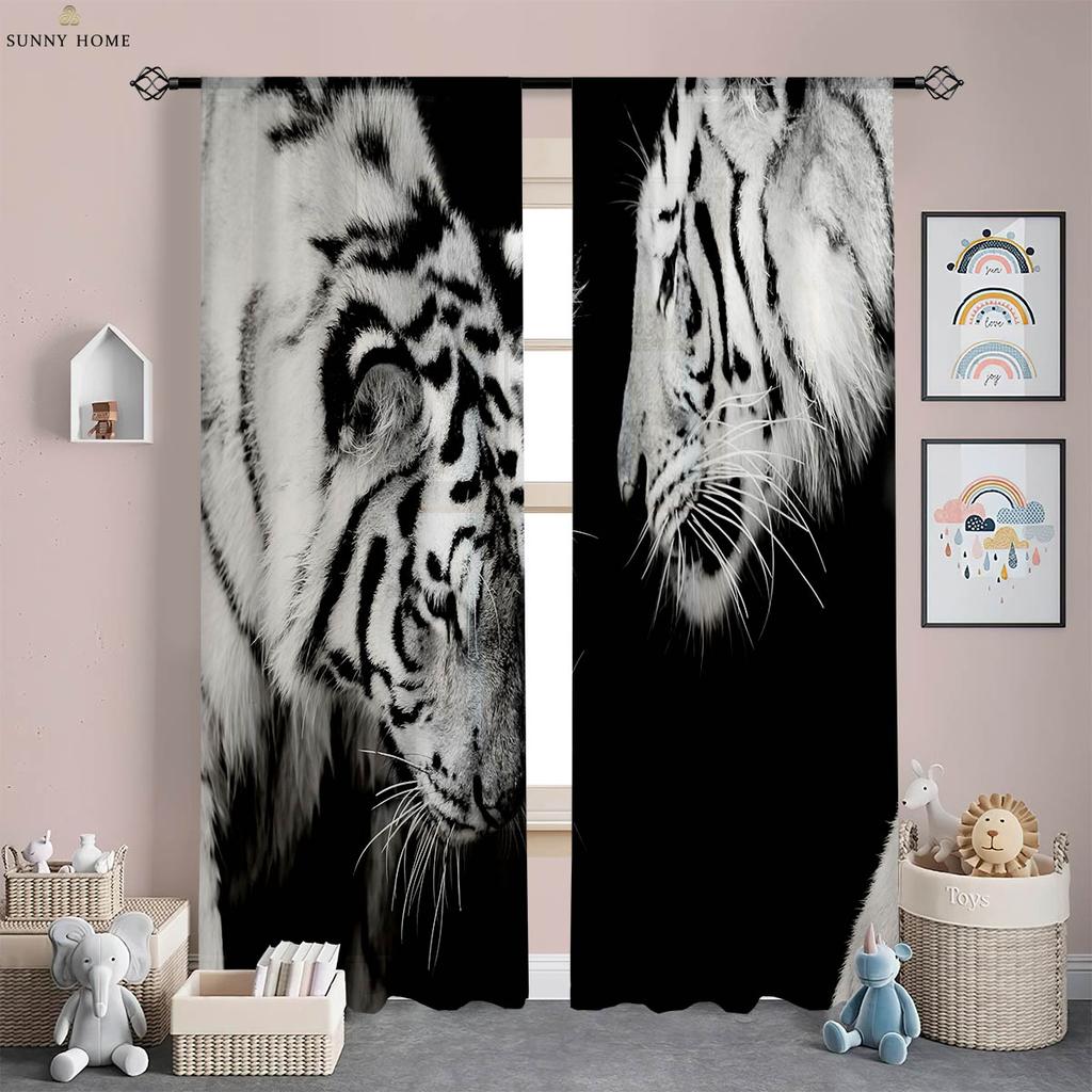 Cool Black And White Tiger 3D tištěné závěsy Kuchyně Obývací pokoj Ložnice Studovna Dekorativní tyčové kapesní závěsy 2 kusy