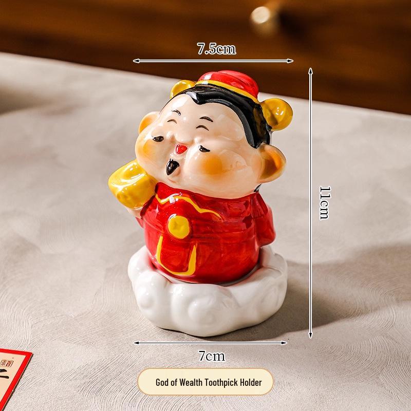 

Ceramic Wealth God Toothpick & Cotton Swab Holder - Desktop Ornament for Living Room and New Year Decor.
