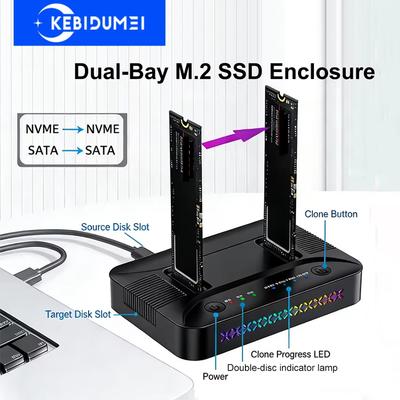 Dual-Bay M.2 NVME SATA SSD Clone Docking Station 10Gbps USB 3.2 GEN2 SSD OFFline Disk Duplicator RGB Light Effect SSD Enclosure