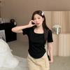 New design ins square neck short-sleeved front shoulder T-shirt women's summer sweet hottie curved hem slim-fit short top