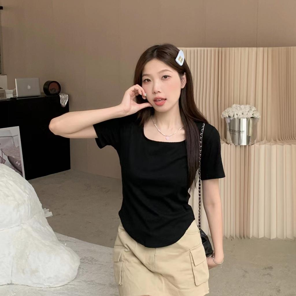 New design ins square neck short-sleeved front shoulder T-shirt women's summer sweet hottie curved hem slim-fit short top