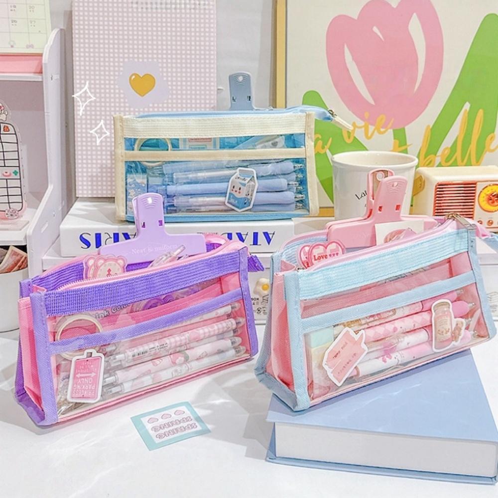 1 st Color Block Transparent PVC Pennskrin Penförvaringspåse för Prov Söta Färger Stor Kapacitet Flerlagers Kontorsmaterial