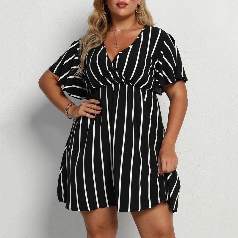 Mode Kurzarm Gestreift V-Ausschnitt Große Größe Kleid Elegante Damen Hohe Taille Lose Lässig A-Linie Party Kurzes Böhmisches Kleid Weibliche Damenbekleidung