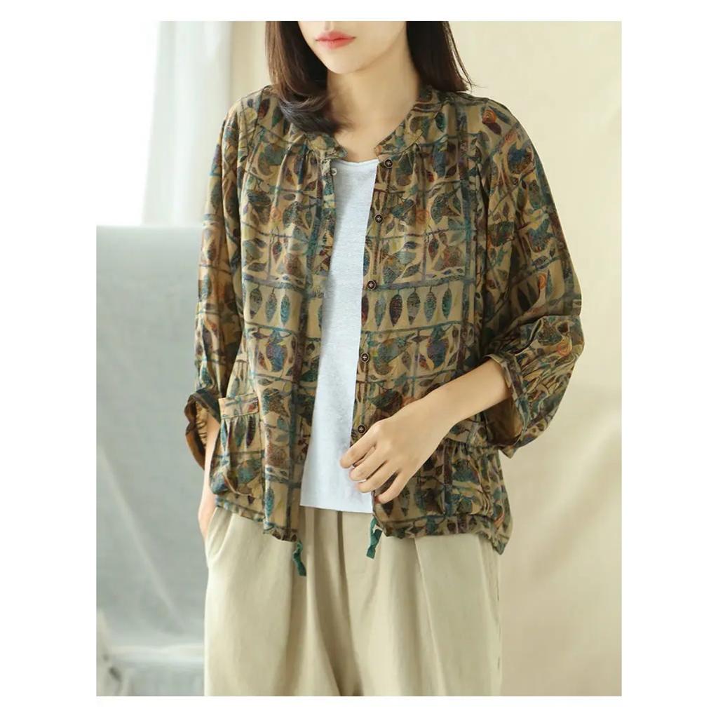 Cotton Linen Women Shirt Vintage Oversized Floral Print Blouses Harajuku Leisure Loose Ladies Casual Button Up Shirts Tops Mujer