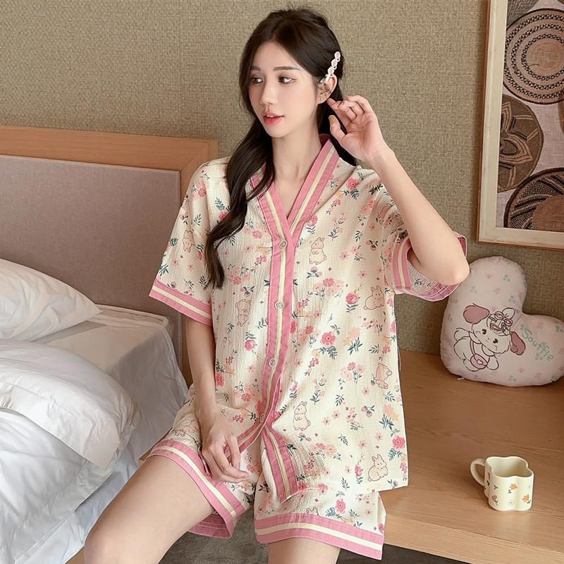 Floral pajamas women's summer short sleeves Internet celebrities sweet gauze cute cartoon summer cardigan thin large size loungewear