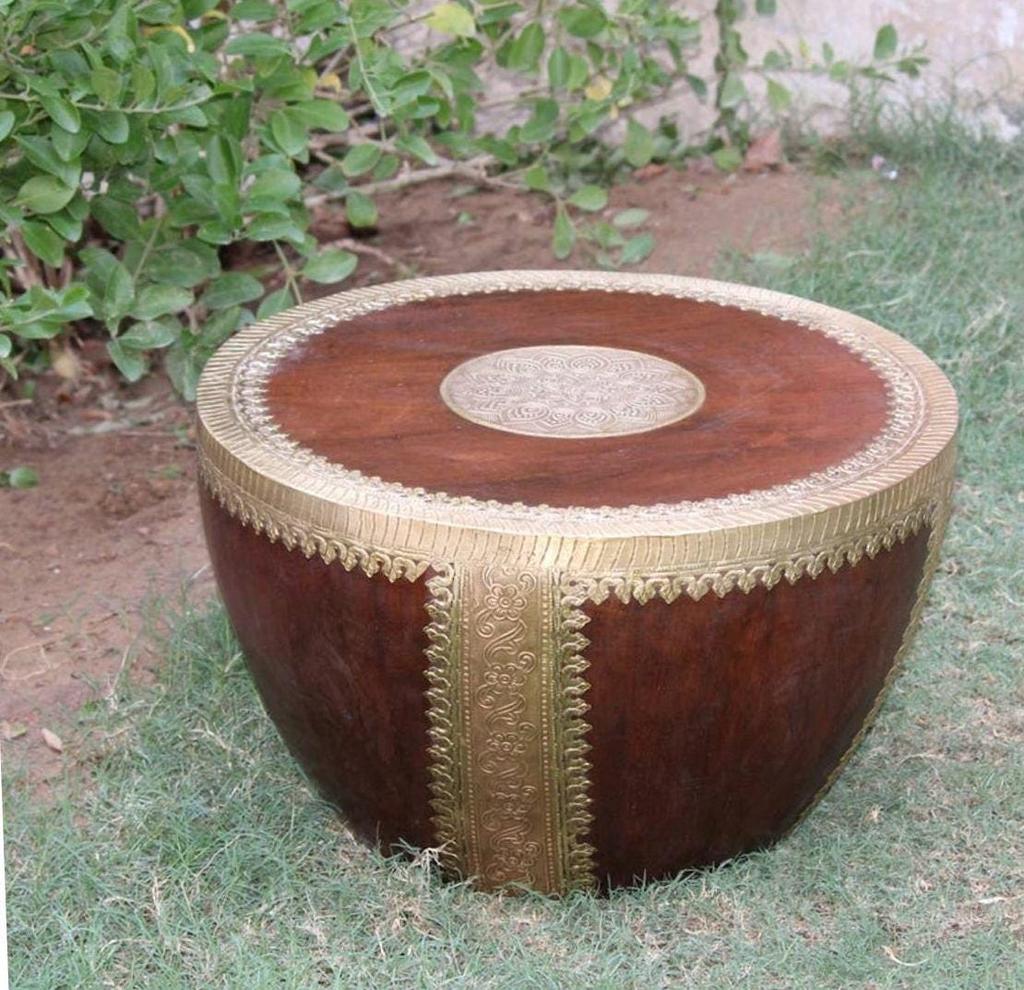 Wooden Solid Handicrafted Brass Embossed Drum Coffee Table Brass Center Table with Intricate Carvings Style , Embellished Round Side Table