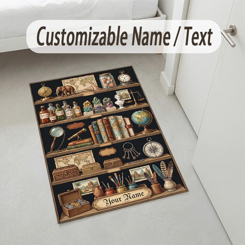 Vintage Compass Theme Soft Crystal Velvet Rug Custom Name & Text Print Non Slip Floor Rug for Bedroom Living Room