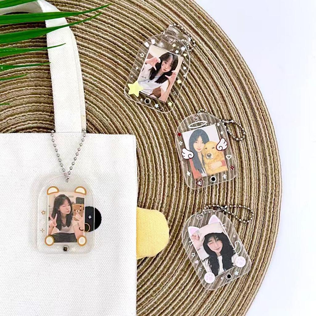 Kawaii Bear Transparent Photocard Holder Keychain Acrylic Idol Picture Frame Protector Case Pendant School Stationery Supplies