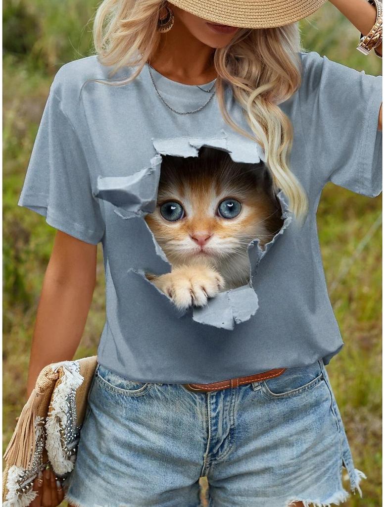 Summer Cute Kitten T-Shirts Cat 3D Print Women's Round Neck Short Sleeve T Shirt Casual Tees Harajuku Y2K Tops Female Clothing