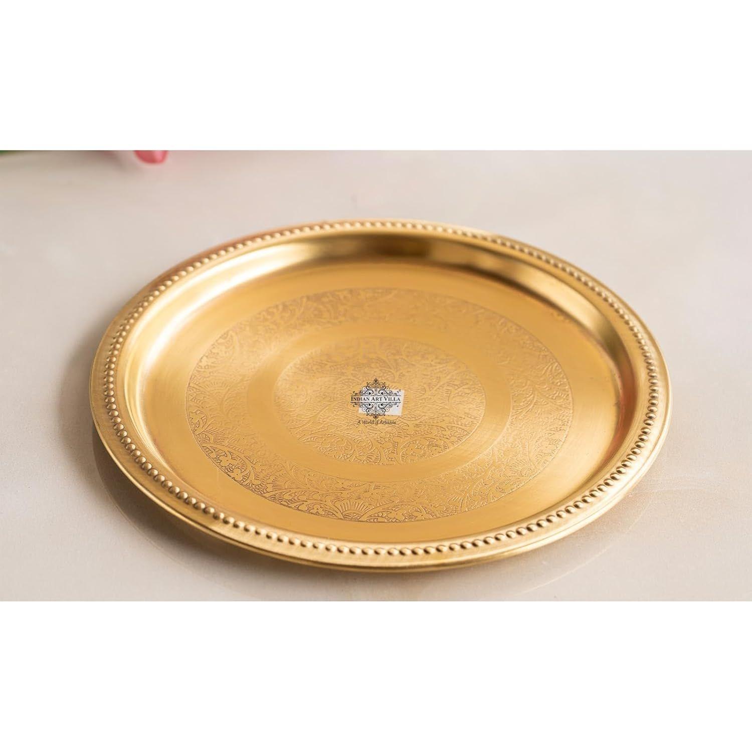 INDIAN ART VILLA Brass Dinner Plate, 8 Inch Round Thali with Double Ring Floral Design,