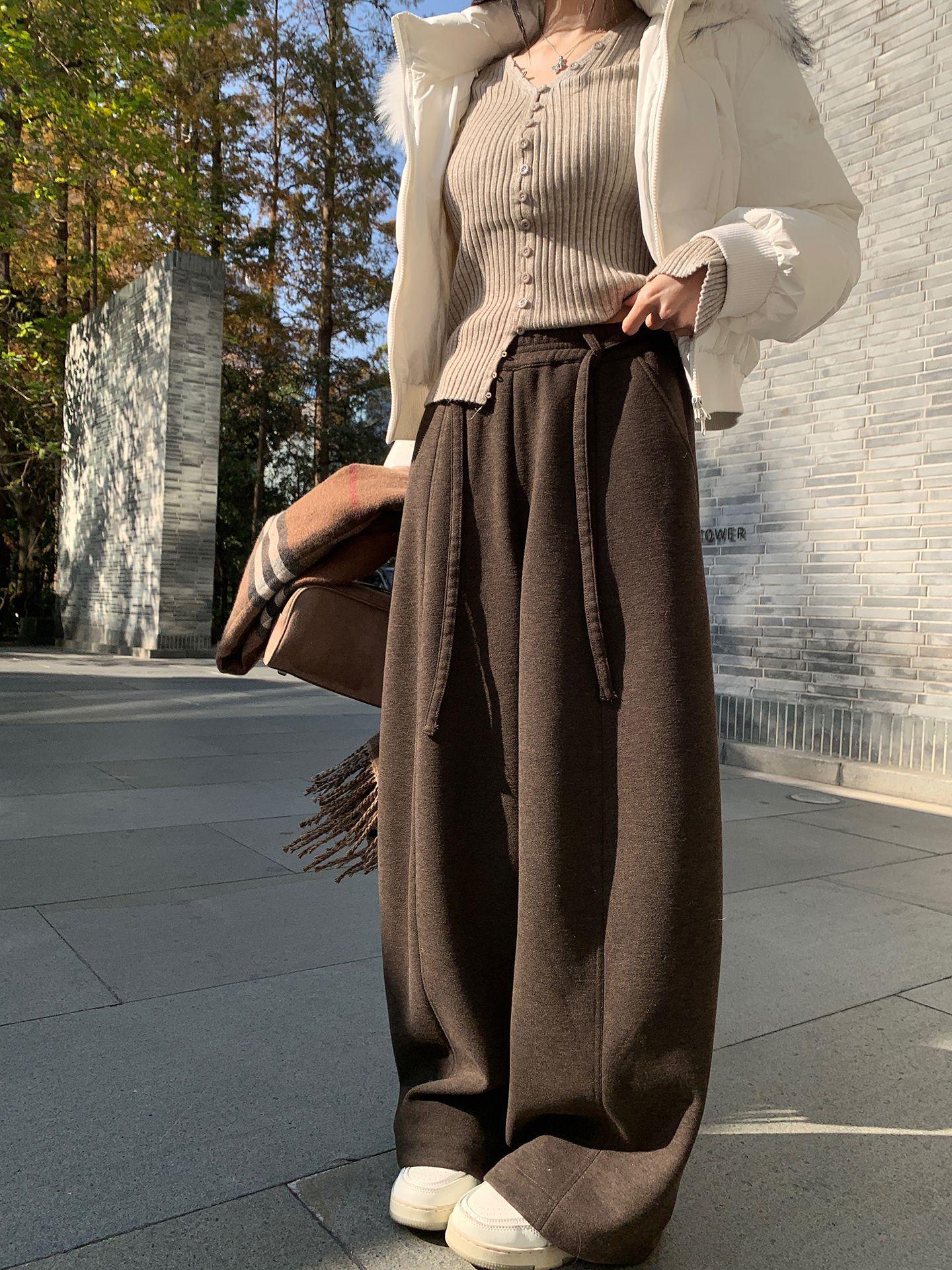 Baisiwang Women s Winter Velvet-Lined High-Waisted Wide-Leg Wool Pants Medium кофейный